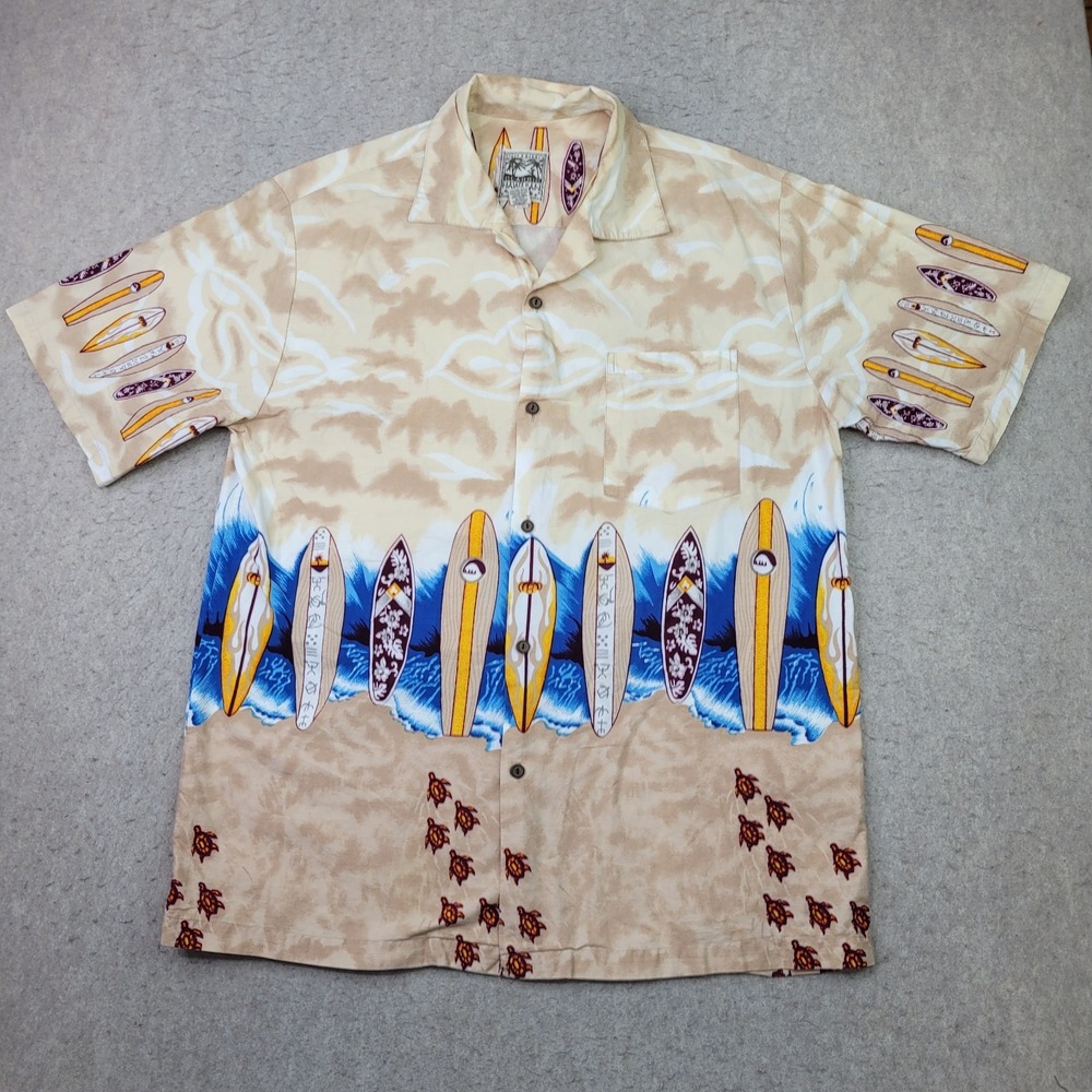 Steve & Barrys Classic Hawaiian Shirt Mens XL Tan SurfBoard Button Short Sleeve